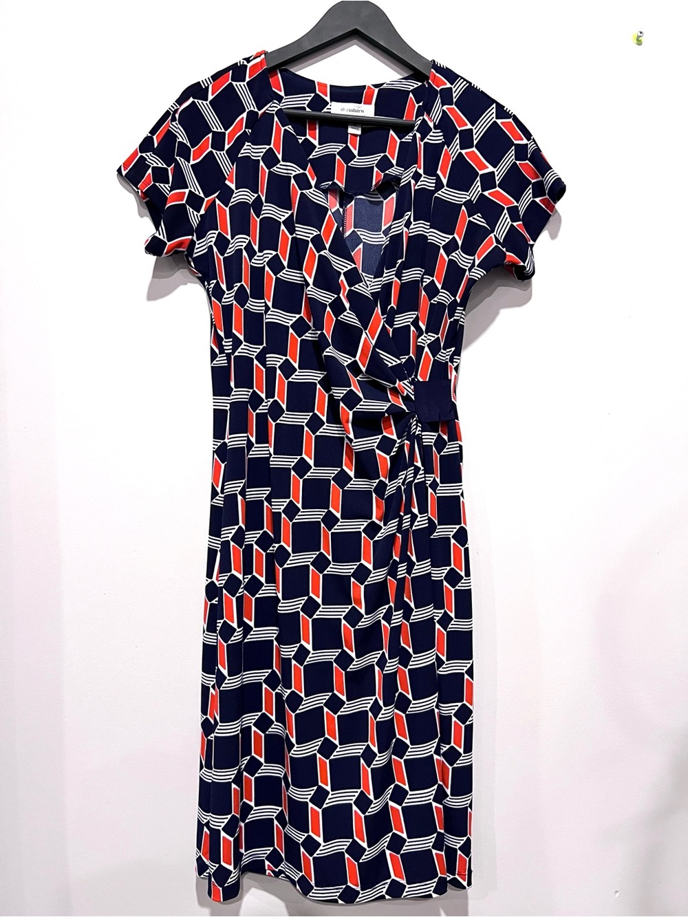 Dressbarn Geometric Print Wrap Style Midi Dress Size 10 Navy Red Short Sleeve